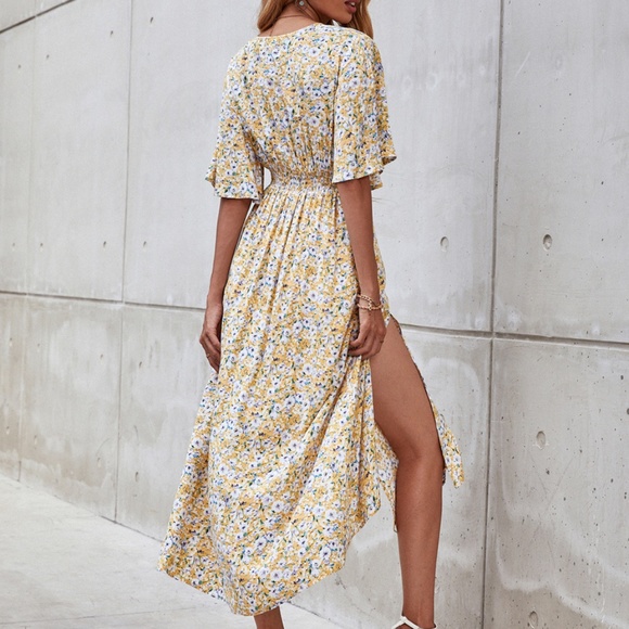 Boho Butterfly Sleeve V neck Midi Dress Yellow - Picture 5 of 6